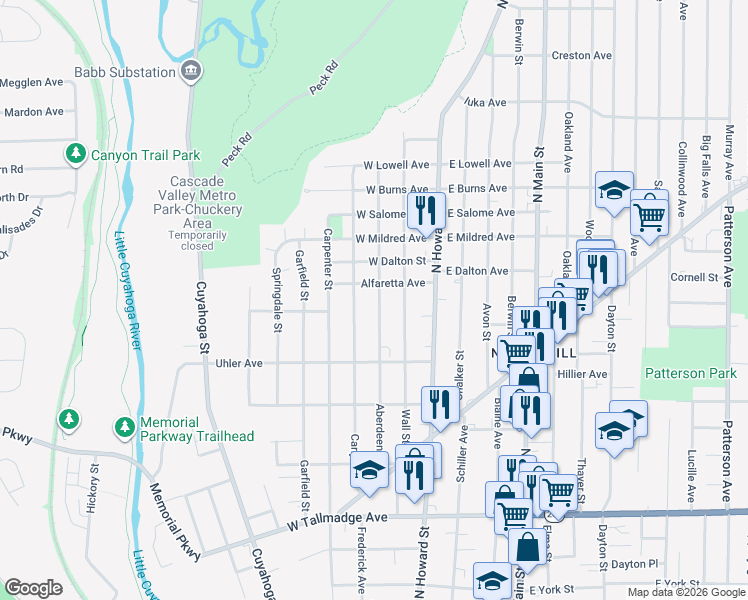 map of restaurants, bars, coffee shops, grocery stores, and more near 864 Aberdeen Street in Akron