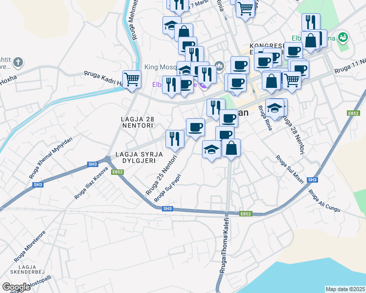 map of restaurants, bars, coffee shops, grocery stores, and more near Rruga 25 Nentori in Elbasan