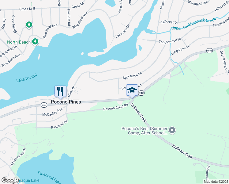 map of restaurants, bars, coffee shops, grocery stores, and more near 12 Naomi Pl in Pocono Pines