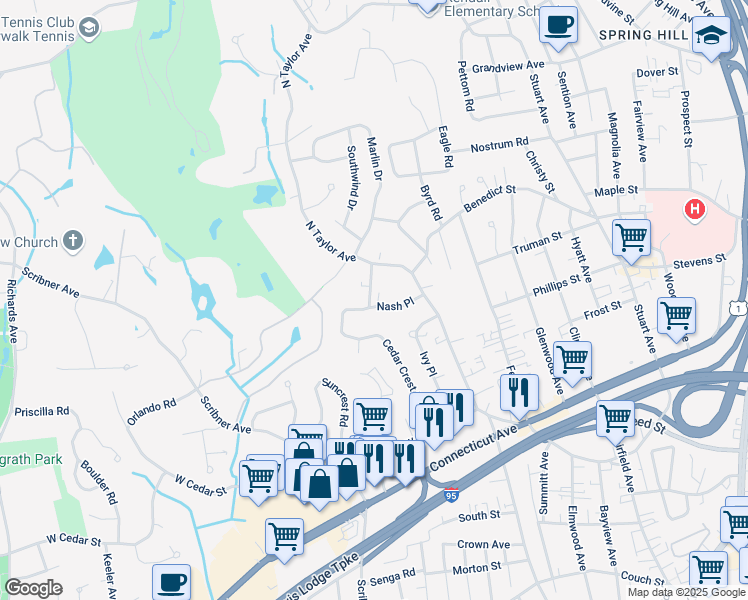 map of restaurants, bars, coffee shops, grocery stores, and more near 20 Nash Place in Norwalk