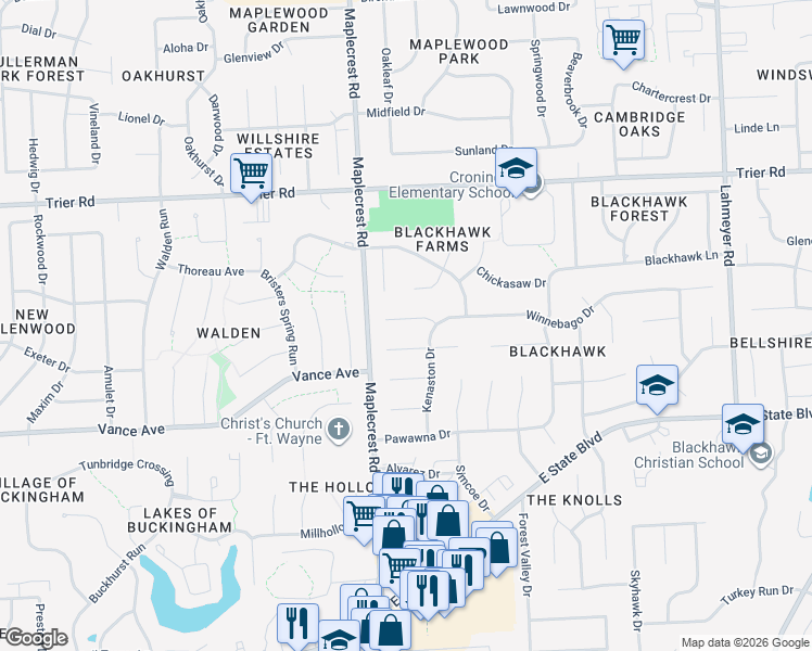 map of restaurants, bars, coffee shops, grocery stores, and more near 6410 Winnebago Court in Fort Wayne