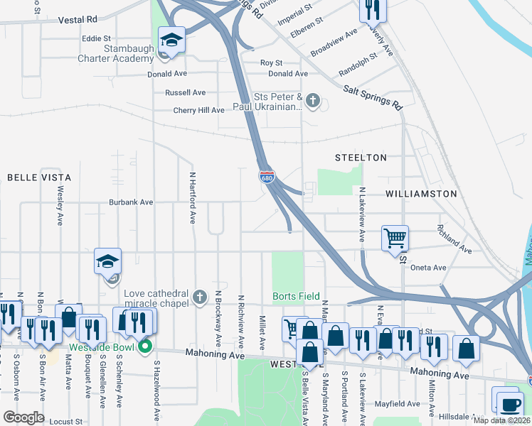 map of restaurants, bars, coffee shops, grocery stores, and more near 1966 Smithfield Street in Youngstown