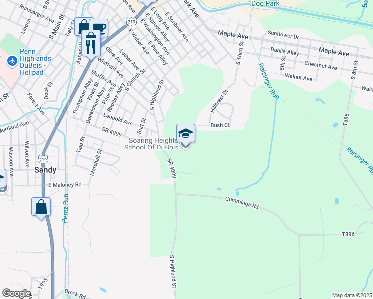 map of restaurants, bars, coffee shops, grocery stores, and more near 493 South Highland Street in DuBois