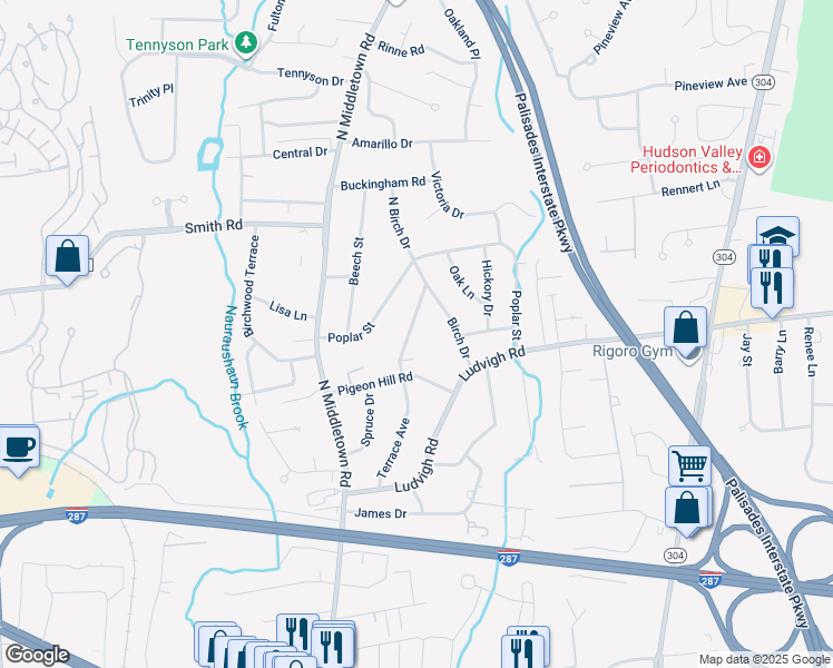map of restaurants, bars, coffee shops, grocery stores, and more near 8 Terrace Avenue in Nanuet