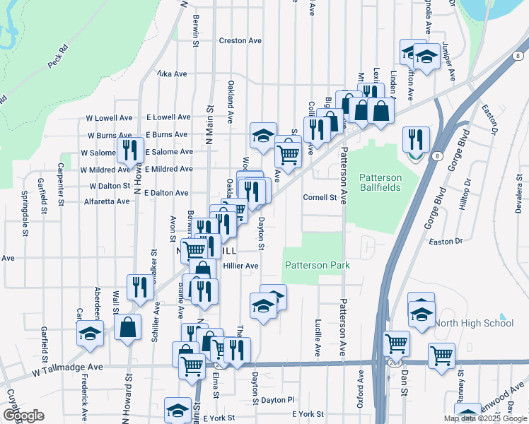 map of restaurants, bars, coffee shops, grocery stores, and more near 867 Dayton Street in Akron