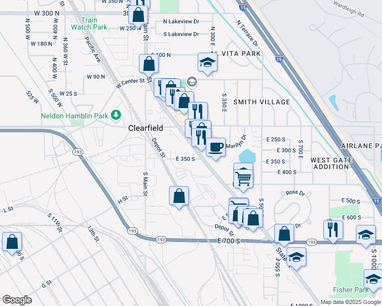 map of restaurants, bars, coffee shops, grocery stores, and more near 157 East 350 South in Clearfield