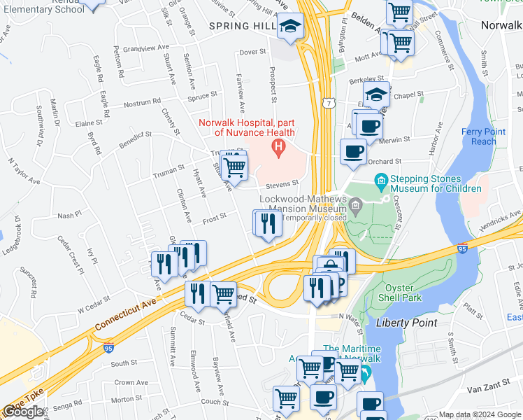 map of restaurants, bars, coffee shops, grocery stores, and more near 501 West Avenue in Norwalk