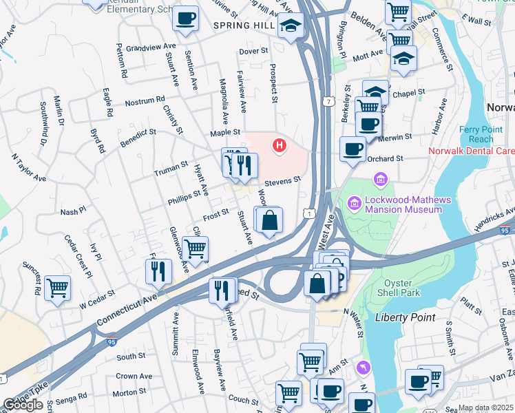 map of restaurants, bars, coffee shops, grocery stores, and more near 501 West Avenue in Norwalk