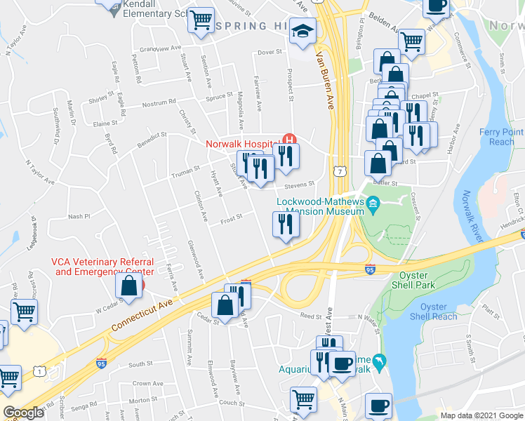 map of restaurants, bars, coffee shops, grocery stores, and more near 501 West Avenue in Norwalk