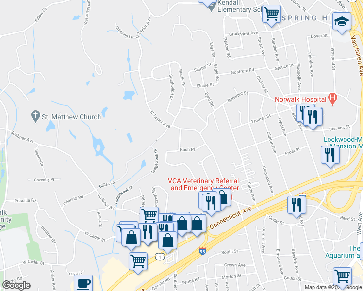 map of restaurants, bars, coffee shops, grocery stores, and more near 20 Nash Place in Norwalk