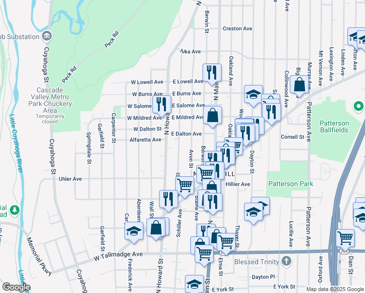 map of restaurants, bars, coffee shops, grocery stores, and more near 868 Avon Street in Akron