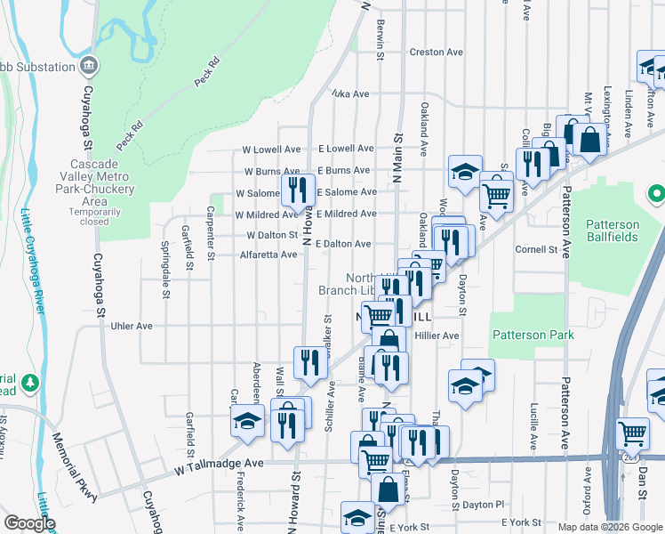 map of restaurants, bars, coffee shops, grocery stores, and more near 868 Avon Street in Akron