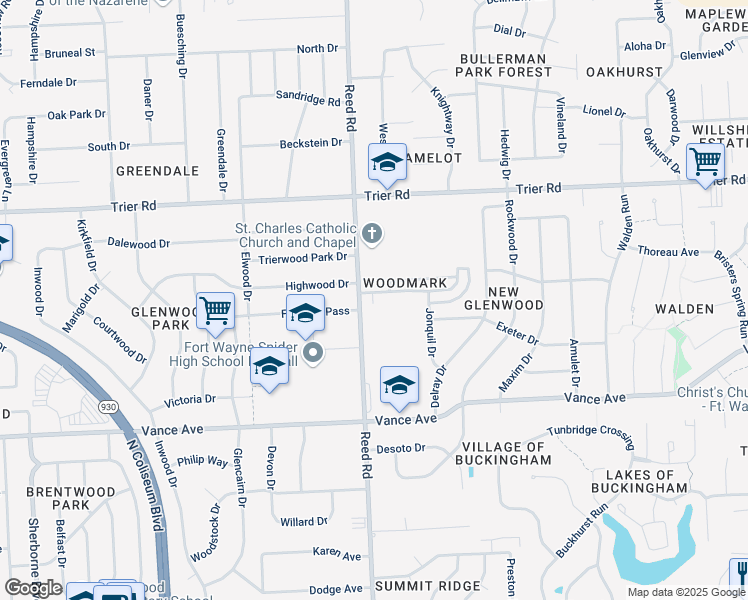 map of restaurants, bars, coffee shops, grocery stores, and more near 4816 Woodmark Drive in Fort Wayne