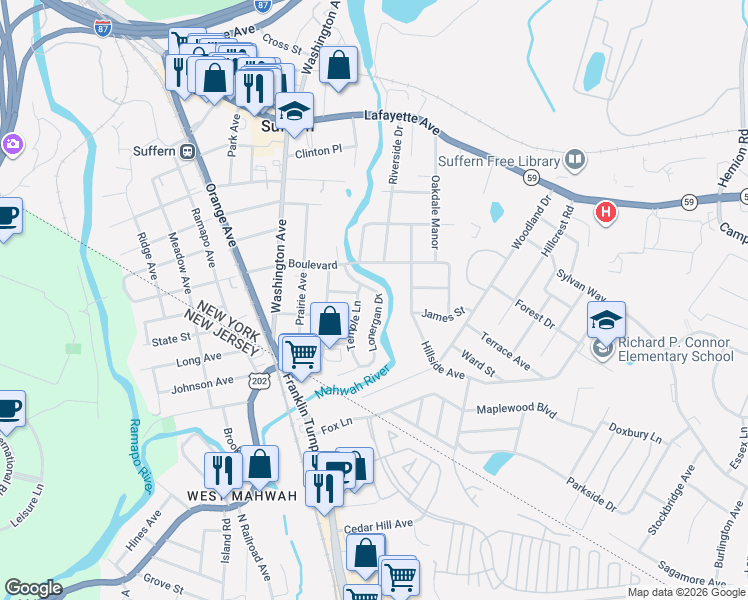 map of restaurants, bars, coffee shops, grocery stores, and more near 10 Temple Lane in Suffern