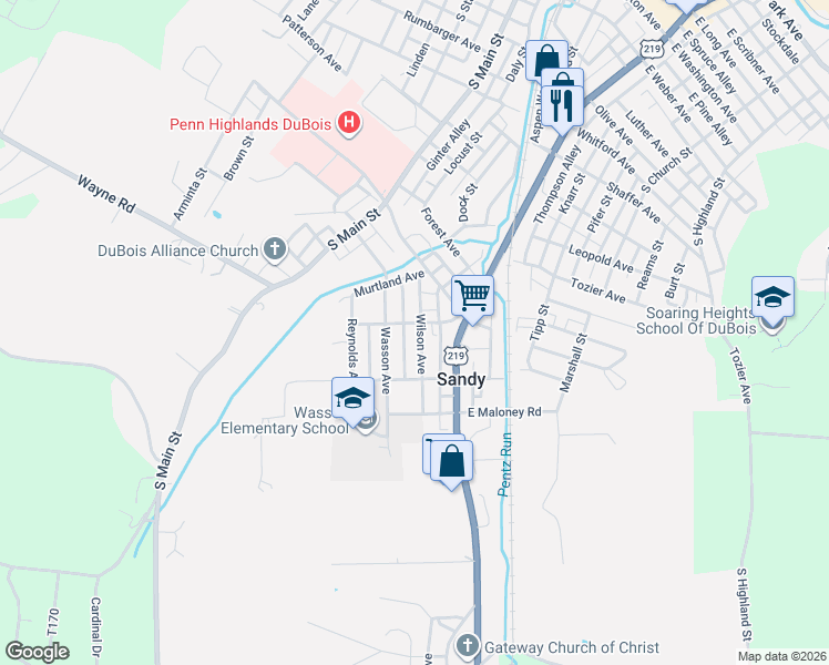 map of restaurants, bars, coffee shops, grocery stores, and more near 111 Wilson Avenue in DuBois