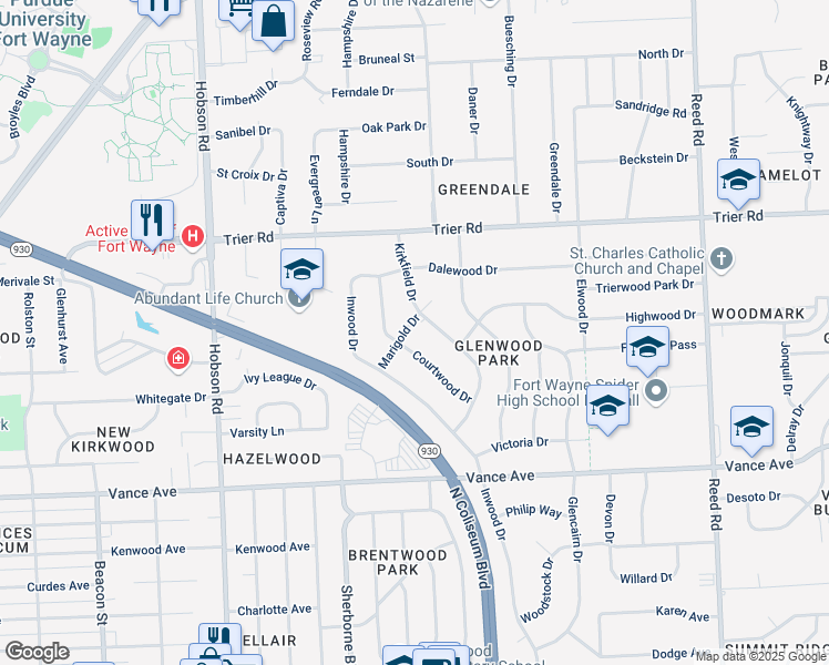 map of restaurants, bars, coffee shops, grocery stores, and more near 3818 Marigold Dr in Fort Wayne