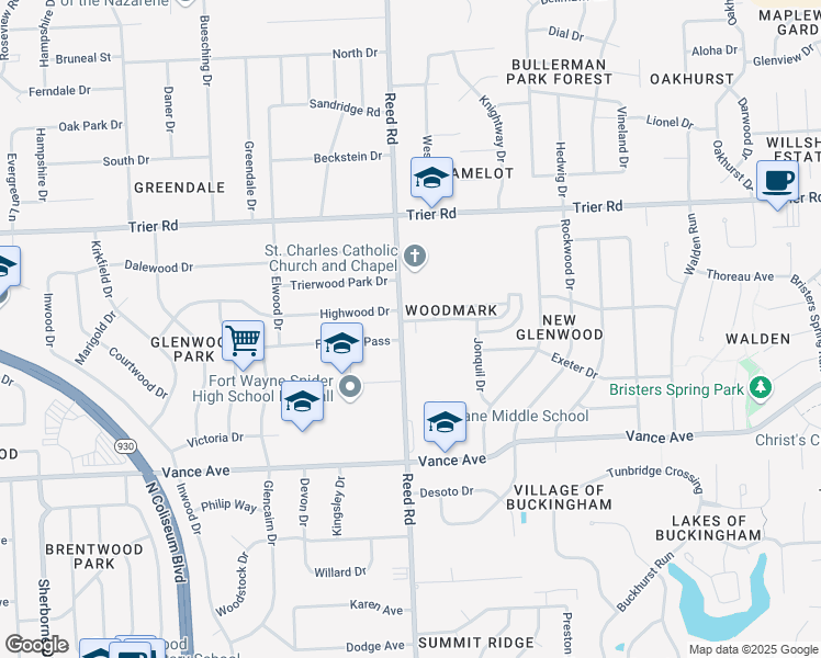 map of restaurants, bars, coffee shops, grocery stores, and more near 4808 Woodmark Drive in Fort Wayne