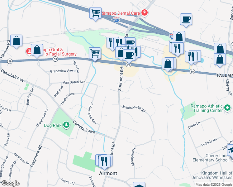 map of restaurants, bars, coffee shops, grocery stores, and more near 19 South Airmont Road in Suffern