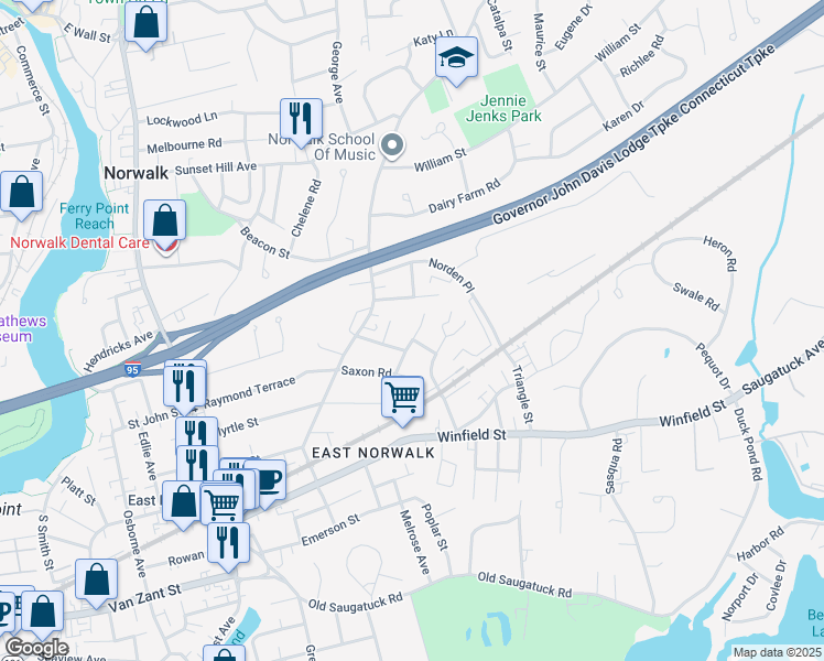 map of restaurants, bars, coffee shops, grocery stores, and more near 18 Victory Court in Norwalk