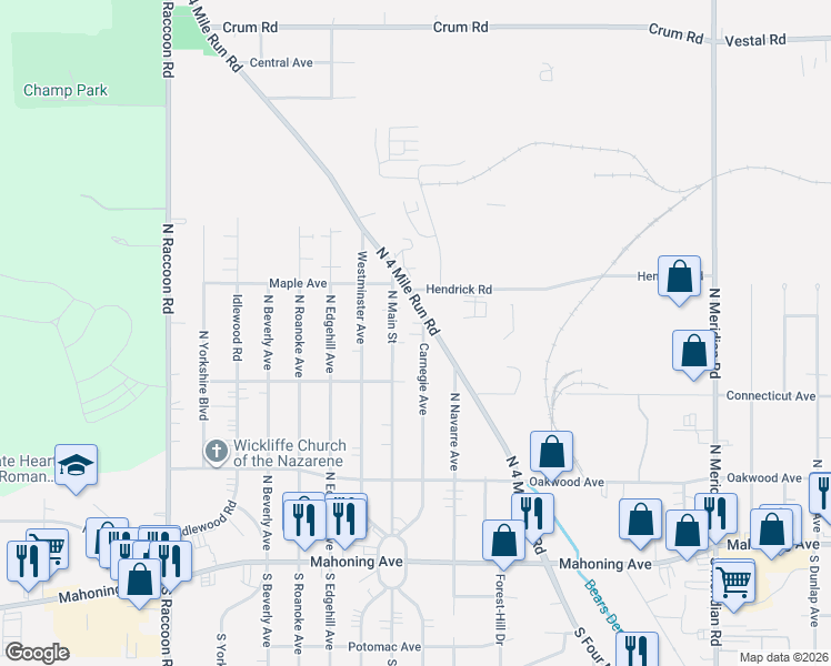 map of restaurants, bars, coffee shops, grocery stores, and more near 240 Carnegie Avenue in Youngstown