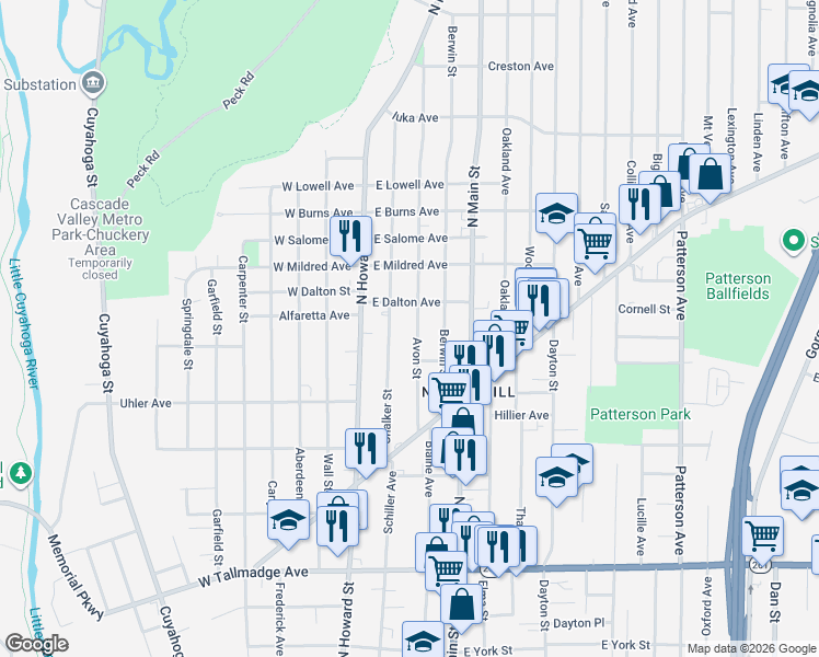 map of restaurants, bars, coffee shops, grocery stores, and more near 868 Avon Street in Akron