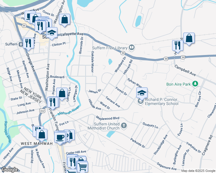 map of restaurants, bars, coffee shops, grocery stores, and more near 31 Woodland Drive in Suffern