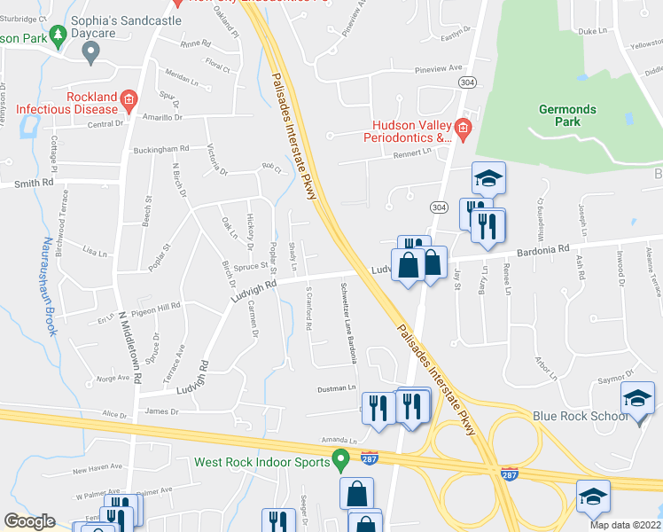 map of restaurants, bars, coffee shops, grocery stores, and more near 100 Ludvigh Road in Nanuet