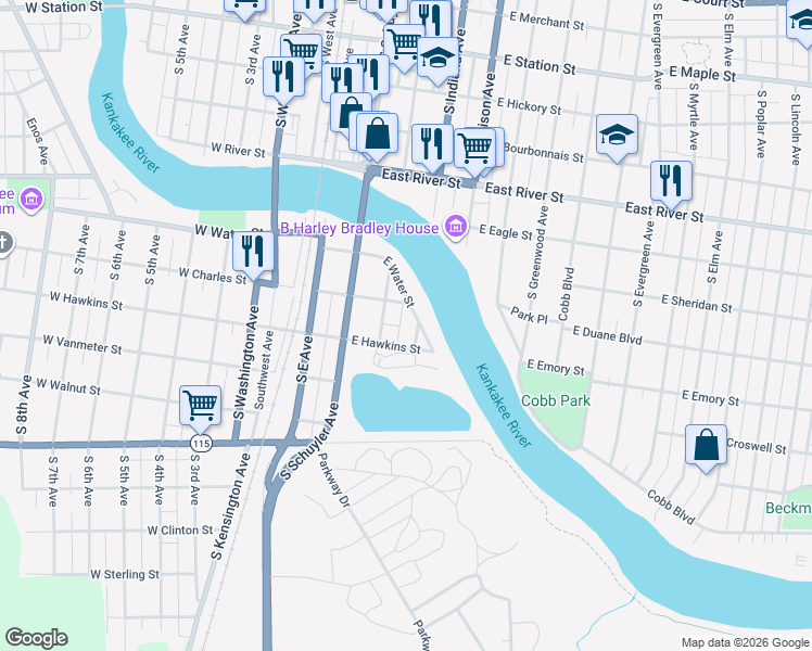 map of restaurants, bars, coffee shops, grocery stores, and more near 359 East Hawkins Street in Kankakee