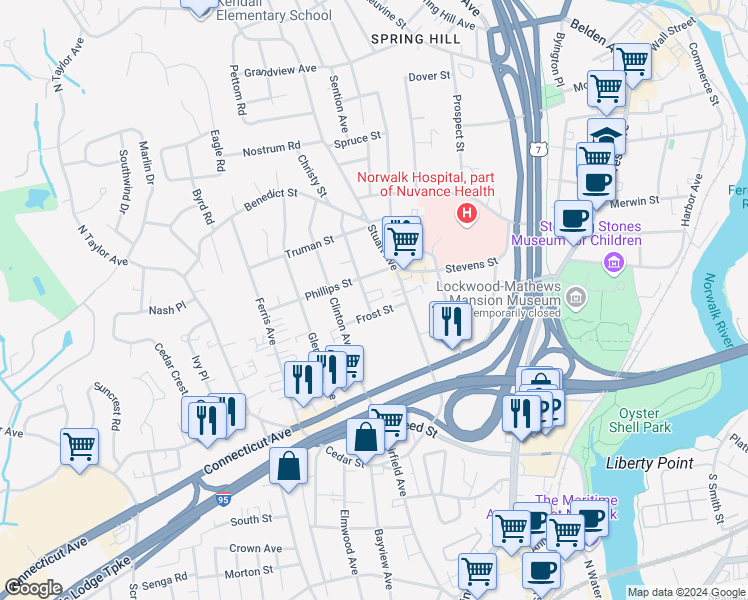 map of restaurants, bars, coffee shops, grocery stores, and more near 6 Hyatt Avenue in Norwalk