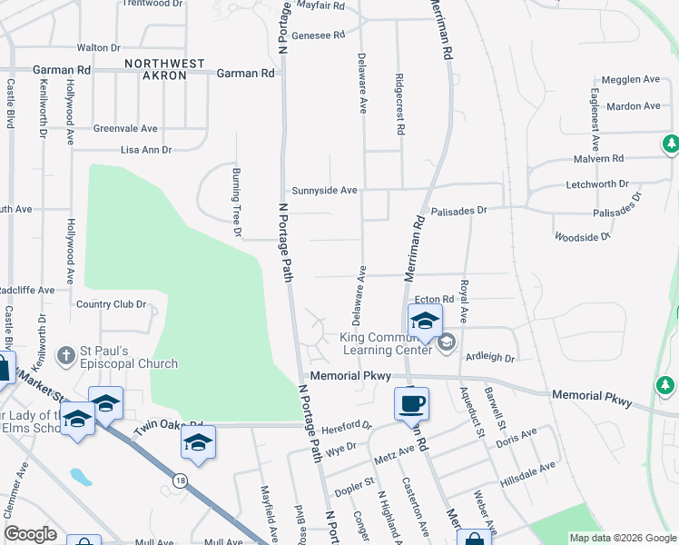 map of restaurants, bars, coffee shops, grocery stores, and more near 845 Mentor Road in Akron