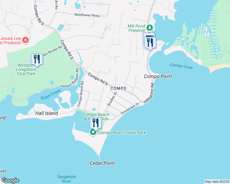 map of restaurants, bars, coffee shops, grocery stores, and more near 6 Bradley Street in Westport