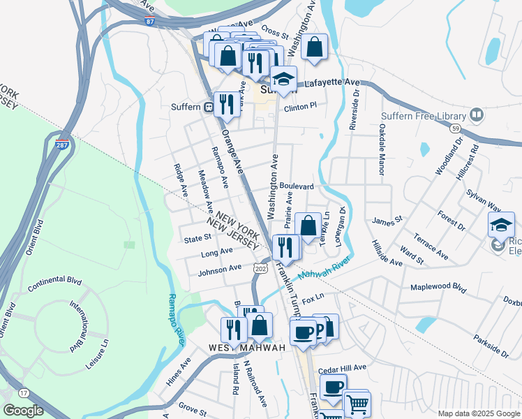 map of restaurants, bars, coffee shops, grocery stores, and more near 192 Orange Avenue in Suffern