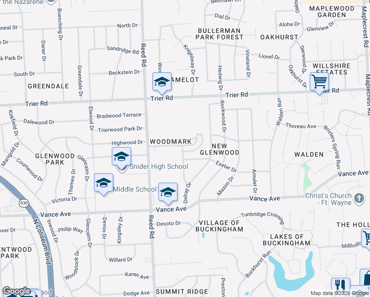 map of restaurants, bars, coffee shops, grocery stores, and more near 5009 Exeter Drive in Fort Wayne