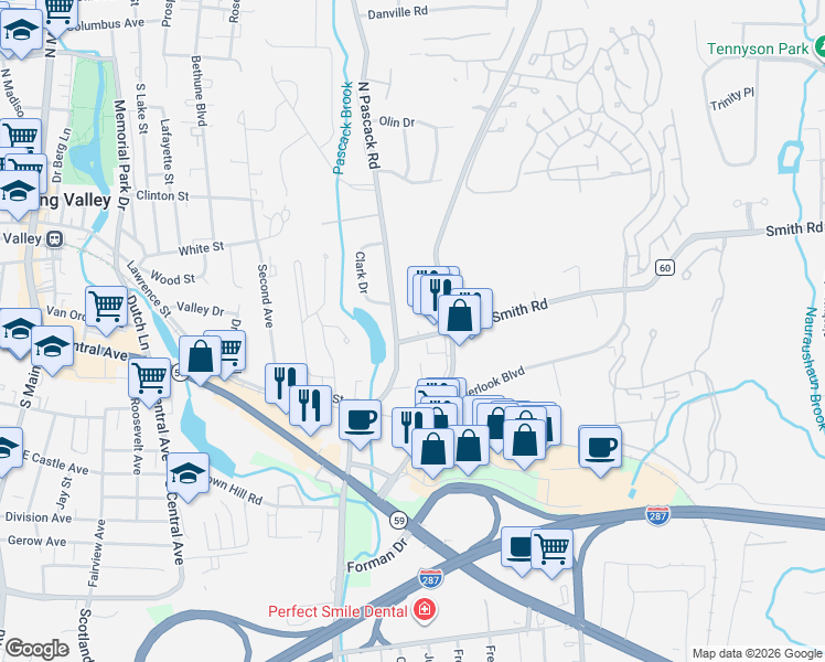 map of restaurants, bars, coffee shops, grocery stores, and more near 214 Smith Road in Nanuet
