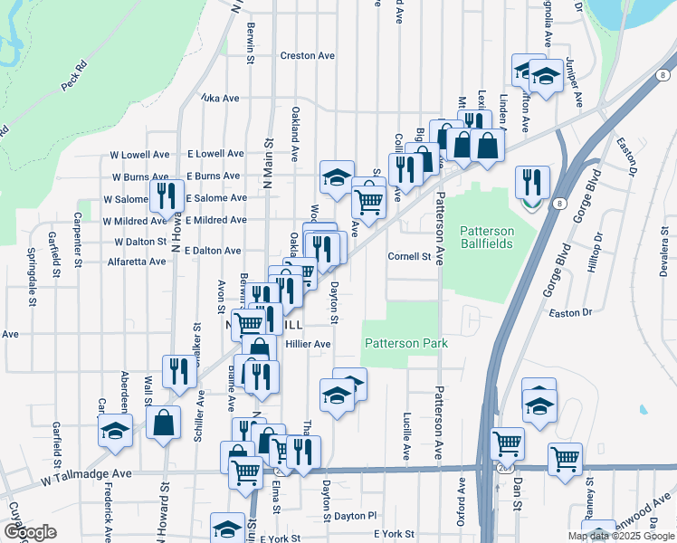 map of restaurants, bars, coffee shops, grocery stores, and more near 867 Dayton Street in Akron