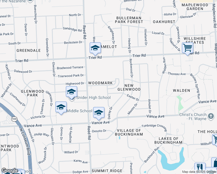 map of restaurants, bars, coffee shops, grocery stores, and more near 5009 Exeter Drive in Fort Wayne