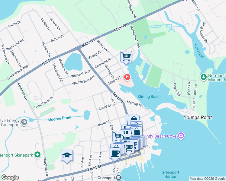map of restaurants, bars, coffee shops, grocery stores, and more near 727 Main Street in Greenport