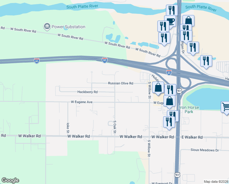 map of restaurants, bars, coffee shops, grocery stores, and more near 800 Hackberry Road in North Platte
