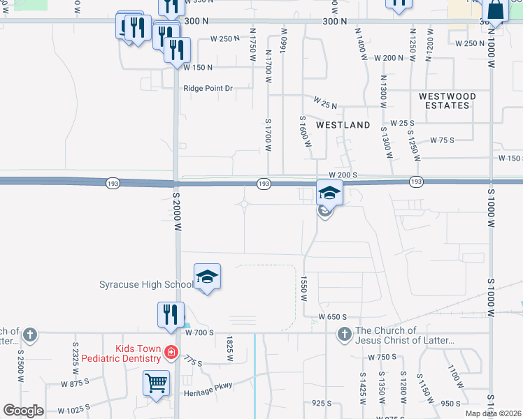 map of restaurants, bars, coffee shops, grocery stores, and more near 1733 West 300 South in Syracuse