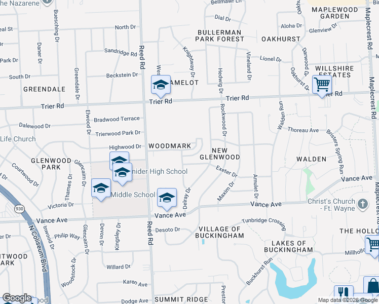 map of restaurants, bars, coffee shops, grocery stores, and more near 5009 Exeter Drive in Fort Wayne