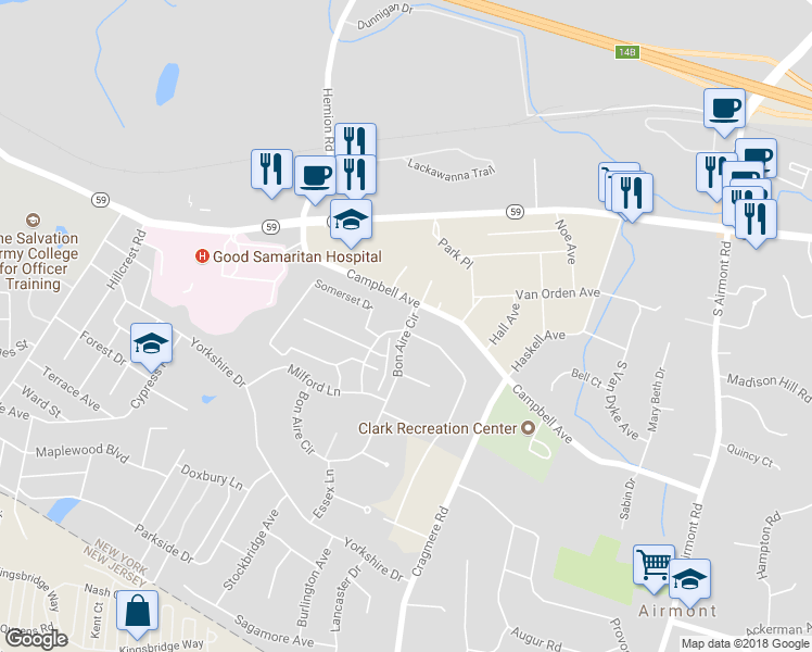 map of restaurants, bars, coffee shops, grocery stores, and more near 29 Bon Aire Circle in Suffern