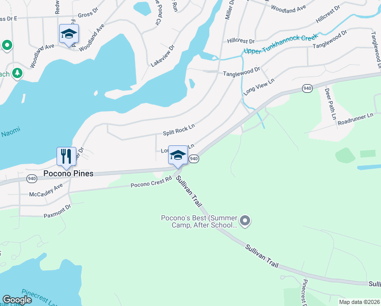 map of restaurants, bars, coffee shops, grocery stores, and more near 14 Long View Ln in Pocono Pines