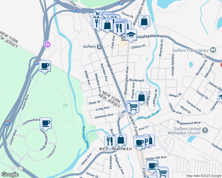 map of restaurants, bars, coffee shops, grocery stores, and more near 32 1st Street in Suffern