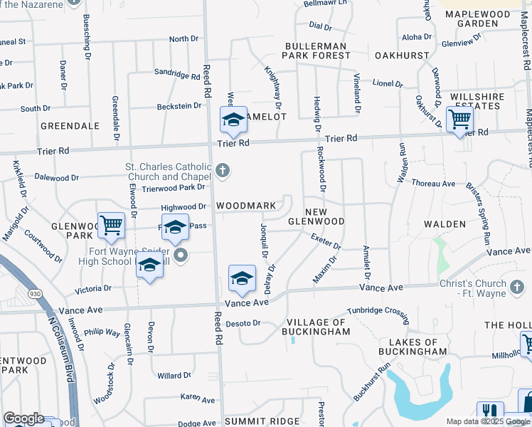 map of restaurants, bars, coffee shops, grocery stores, and more near 5009 Exeter Drive in Fort Wayne