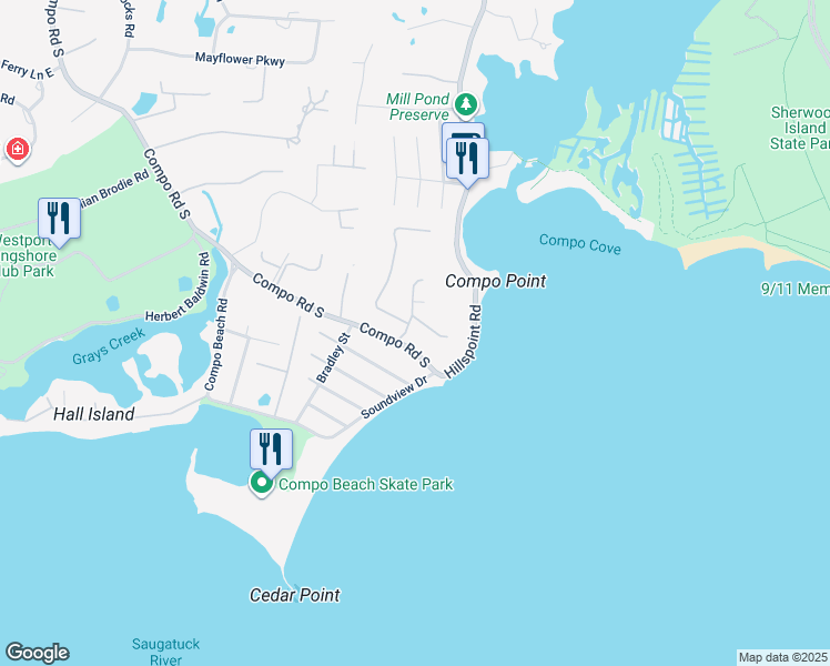 map of restaurants, bars, coffee shops, grocery stores, and more near 340 Compo Road South in Westport