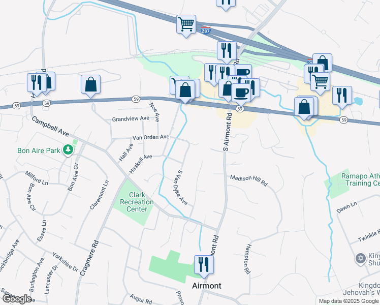 map of restaurants, bars, coffee shops, grocery stores, and more near 6 South Van Dyke Avenue in Airmont