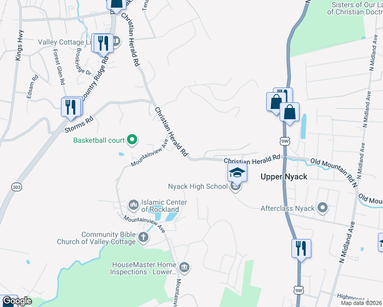 map of restaurants, bars, coffee shops, grocery stores, and more near 404 Christian Herald Road in Valley Cottage