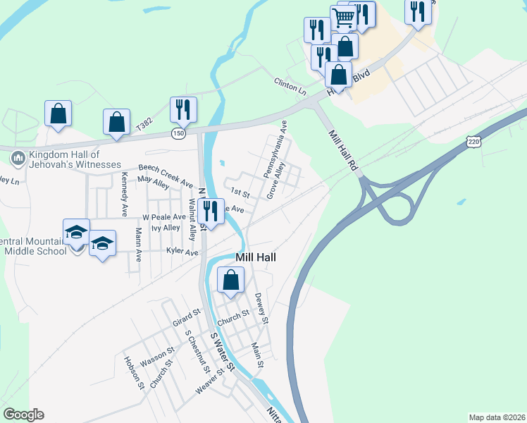 map of restaurants, bars, coffee shops, grocery stores, and more near 1-53 Market Street in Mill Hall