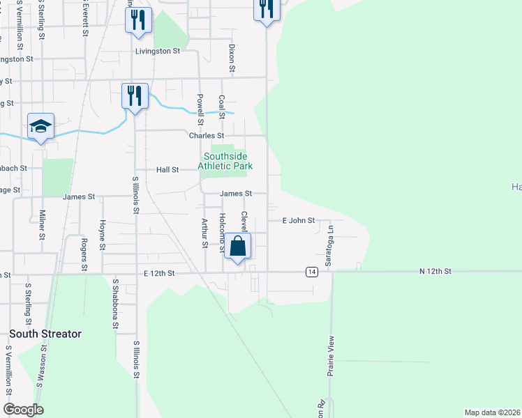 map of restaurants, bars, coffee shops, grocery stores, and more near 1104 Otter Creek Road in Streator