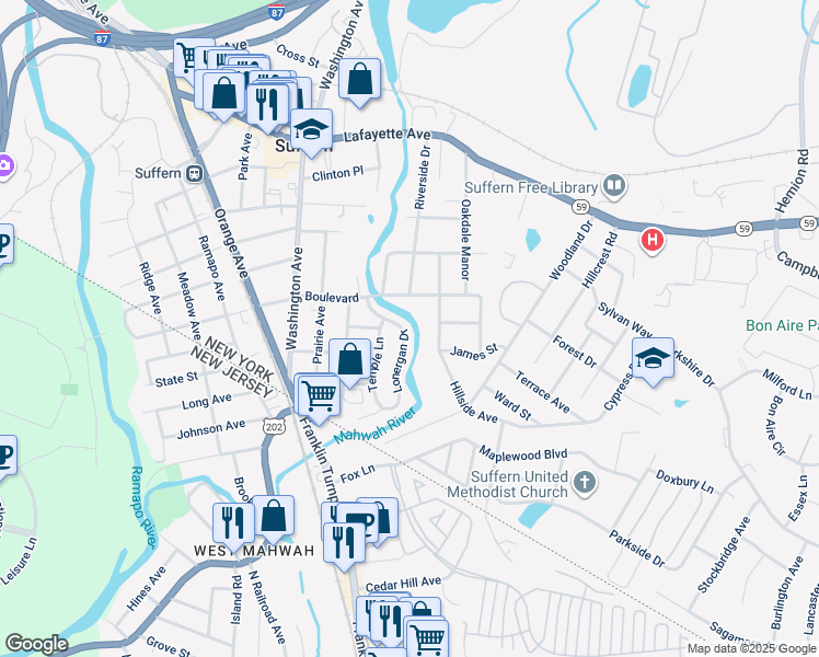map of restaurants, bars, coffee shops, grocery stores, and more near 36 Lonergan Drive in Suffern
